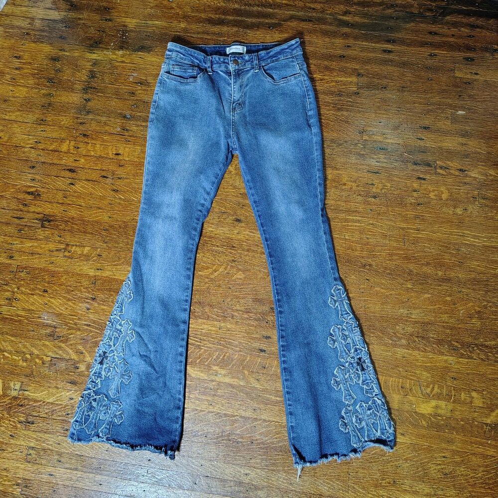 Y2K Inspired Grunge Goth Flared Patchwork Jeans Sz 11/T112